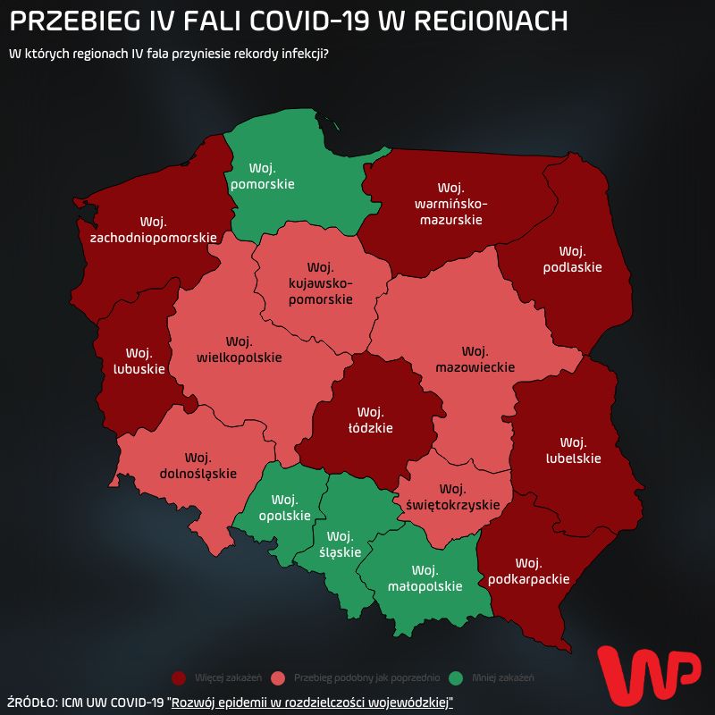 Prognozowany przebieg czwartej fali epidemii w województwach według analizy ICM UW 