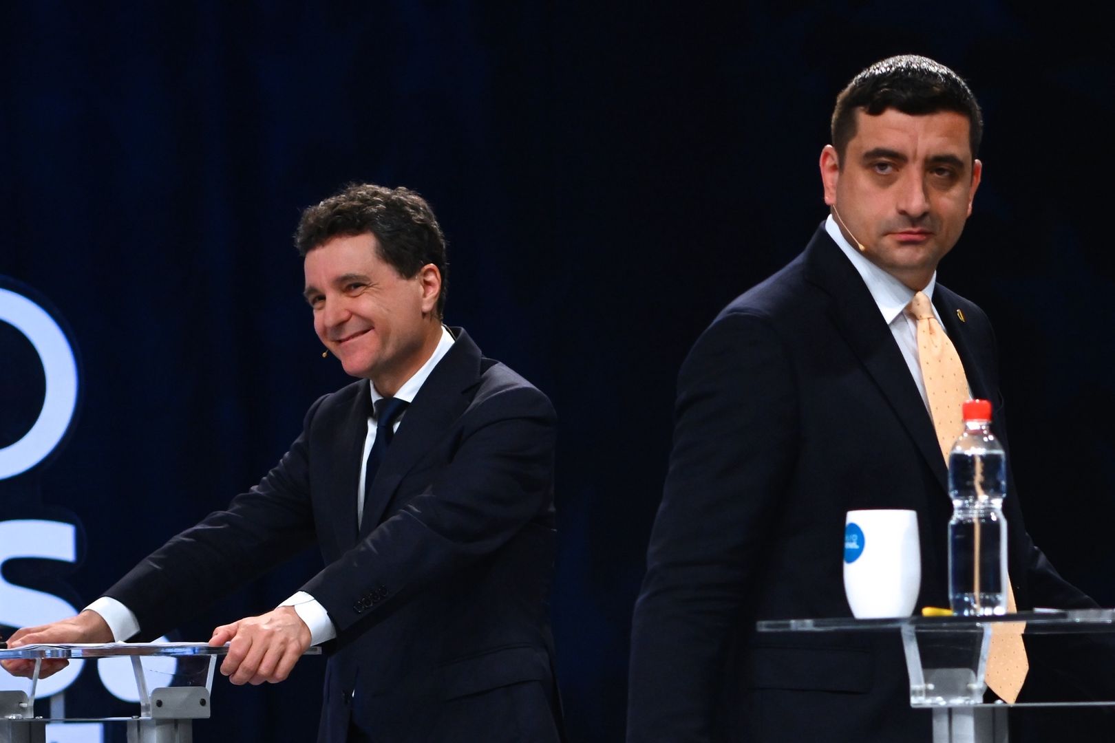 Romania Elections
Pro-European independent presidential candidate and Bucharest Mayor Nicusor Dan, left, attends a live electoral debate with presidential candidate and leader of the far-right Alliance for the Union of Romanians (AUR), George Simion, ahead of the second round of the country's presidential election redo in Bucharest, Romania, on May 8, 2025. (Photo by Alex Nicodim/NurPhoto via Getty Images)
NurPhoto
election campaign, political debate, election redo, may 8, presidential race, bucharest mayor, live debate, aur, alliance for the union of romanians, pro-european, far-right, political alliance, presidential elections, nicusor dan, romanian politics, second round, mayoral role, election event., romanian election, nurphoto, elections, political leadership, electoral process, electoral debate, european politics, political candidate, independent, alex nicodim