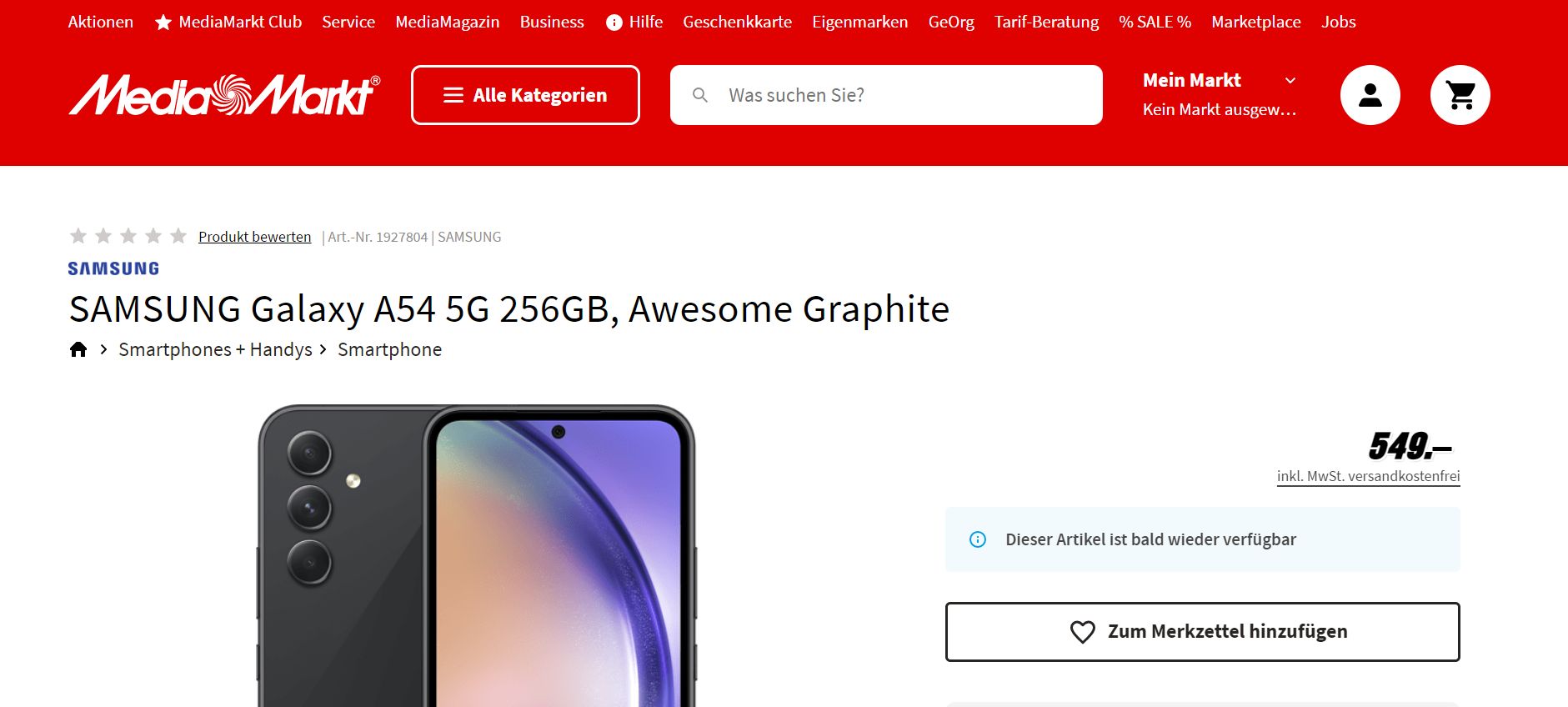 Samsung Galaxy A54 na stronie austriackiego Media Marktu