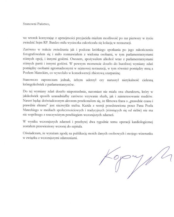 Oświadczenie Kopczyńskiego dot. zajścia w sejmowej restauracji