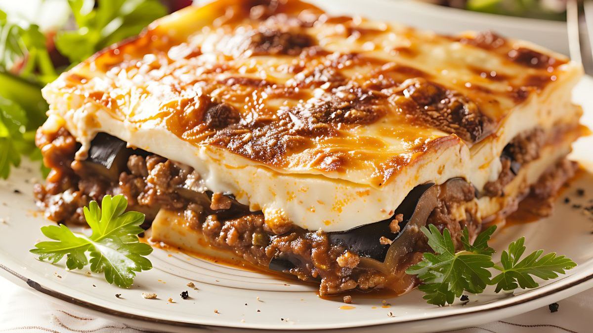 Oryginalna grecka moussaka ma widoczne warstwy warzyw i mięsa