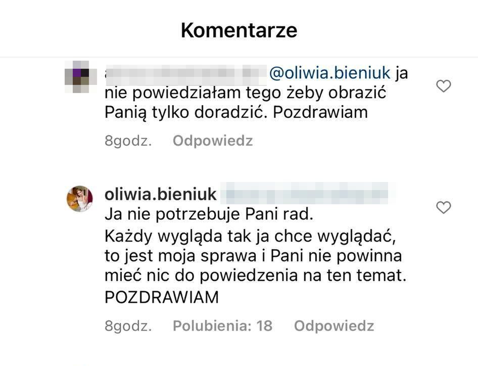 Komentarze pod nagraniem Oliwii Bieniuk