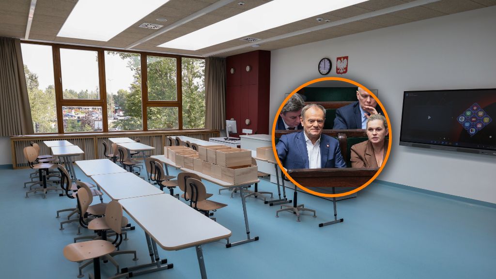 Klasa lekcyjna i Donald Tusk z Barbarą Nowacką 