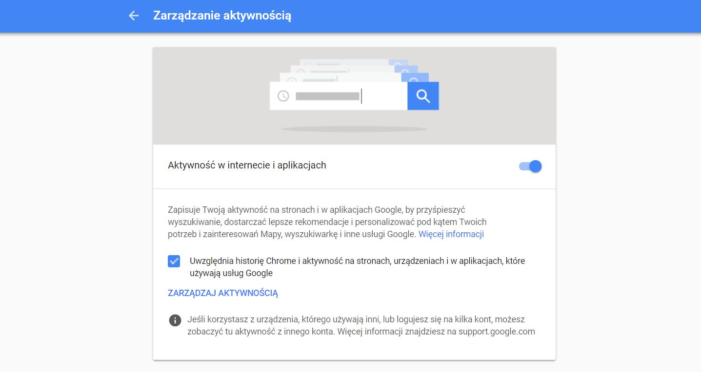 Zarządzanie aktywnością w ustawieniach konta Google.