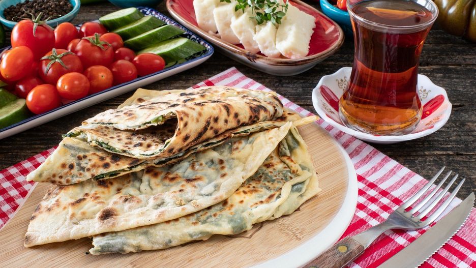 Traditional Turkish food, Turkish pancake gÃ¶zleme with cheese and herb.
