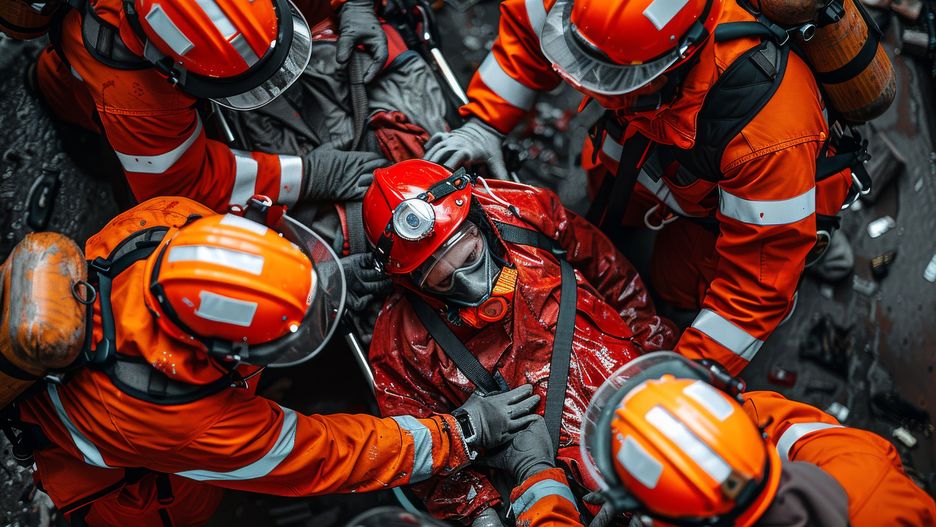 rescue, medical, help, teamwork, emergency, bravery, assistance, heroism, urgency, safety, firstresponders, accident, crisis, support, health, danger, survival, response, lifesaving, dedication, action, mining, underground, victim, injury, helmets, reflective, professionals, industrial, equipment, safetygear, protectivewear, training, preparedness, intervention, hazards, drills, mineshaft, rescueteam, perseverance, determination, courage, emt