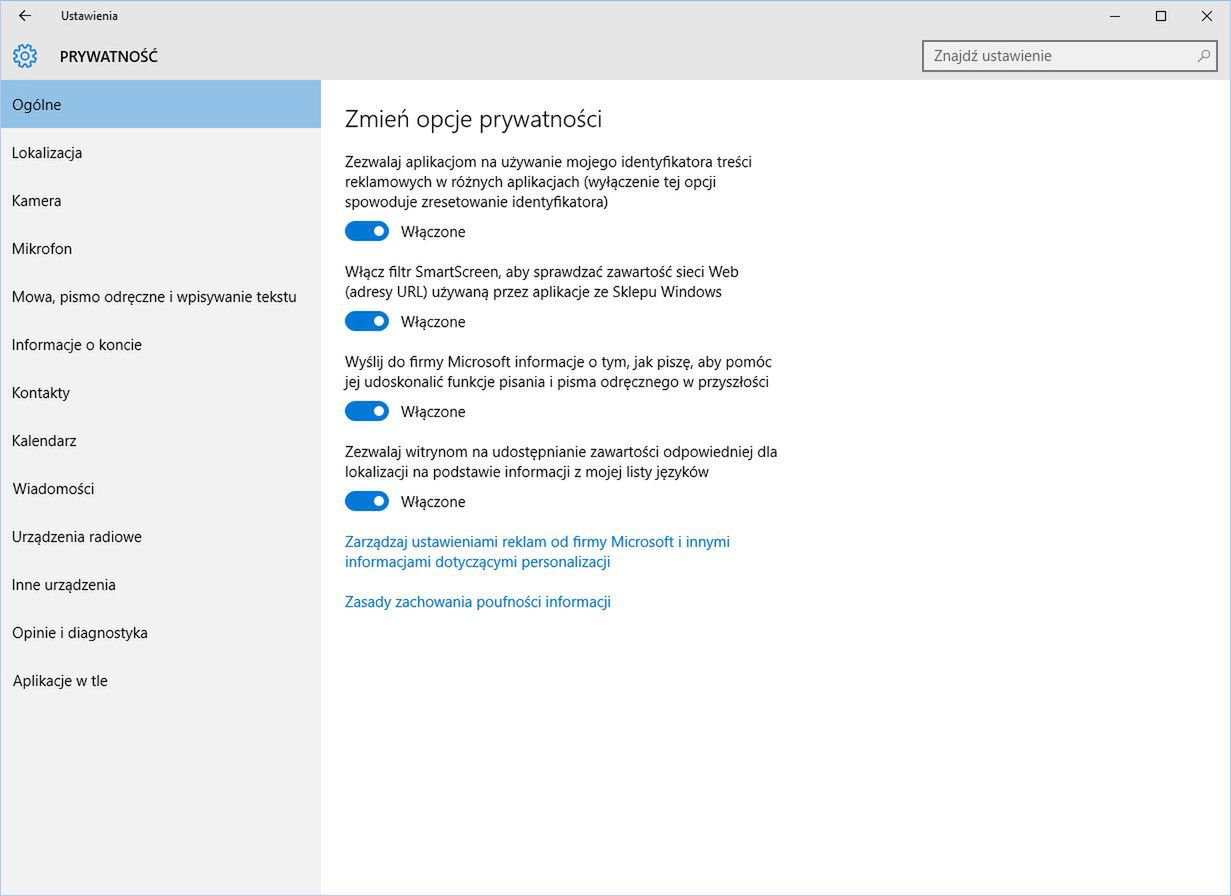 Sekcja dot. prywatności w Windows 10