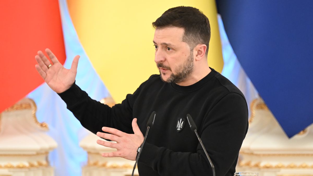 KYIV, UKRAINE - FEBRUARY 24: Italian Prime Minister Giorgia Meloni (not seen), Belgian Prime Minister Alexander De Croo (not seen), Canadian Prime Minister Justin Trudeau (not seen), President of the European Comission Ursula von der Leyen (not seen) and Ukrainian President Volodymyr Zelenskyy hold a joint press conference as the war between Russia and Ukraine marks its second anniversary in Kyiv, Ukraine on February 24, 2024. (Photo by Viacheslav Ratynskyi/Anadolu via Getty Images)