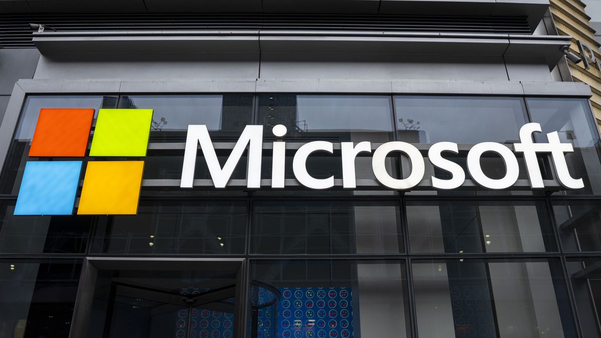 NEW YORK, NEW YORK - MAY 13: A view of the Microsoft corporate logo in front of the Microsoft Office building on 41st street and 8th avenue on May 13, 2025 in New York City. (Photo by Craig T Fruchtman/Getty Images)