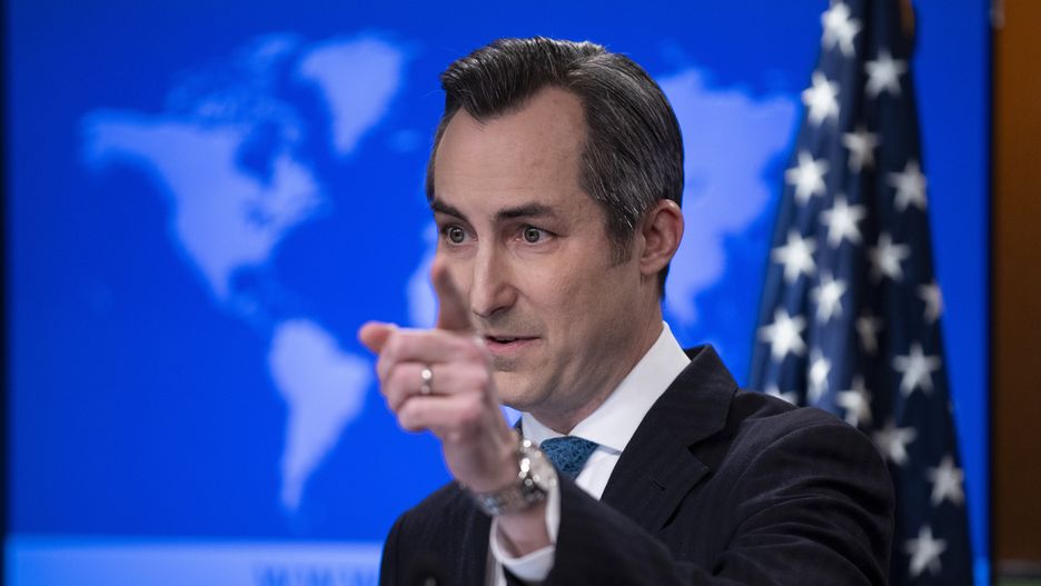 WASHINGTON D.C., UNITED STATES - MARCH 25: U.S. State Department Spokesperson Matthew Miller speaks to reporters during a press briefing at the State Department in Washington DC on United States, March 25, 2024. (Photo by Mostafa Bassim/Anadolu via Getty Images)