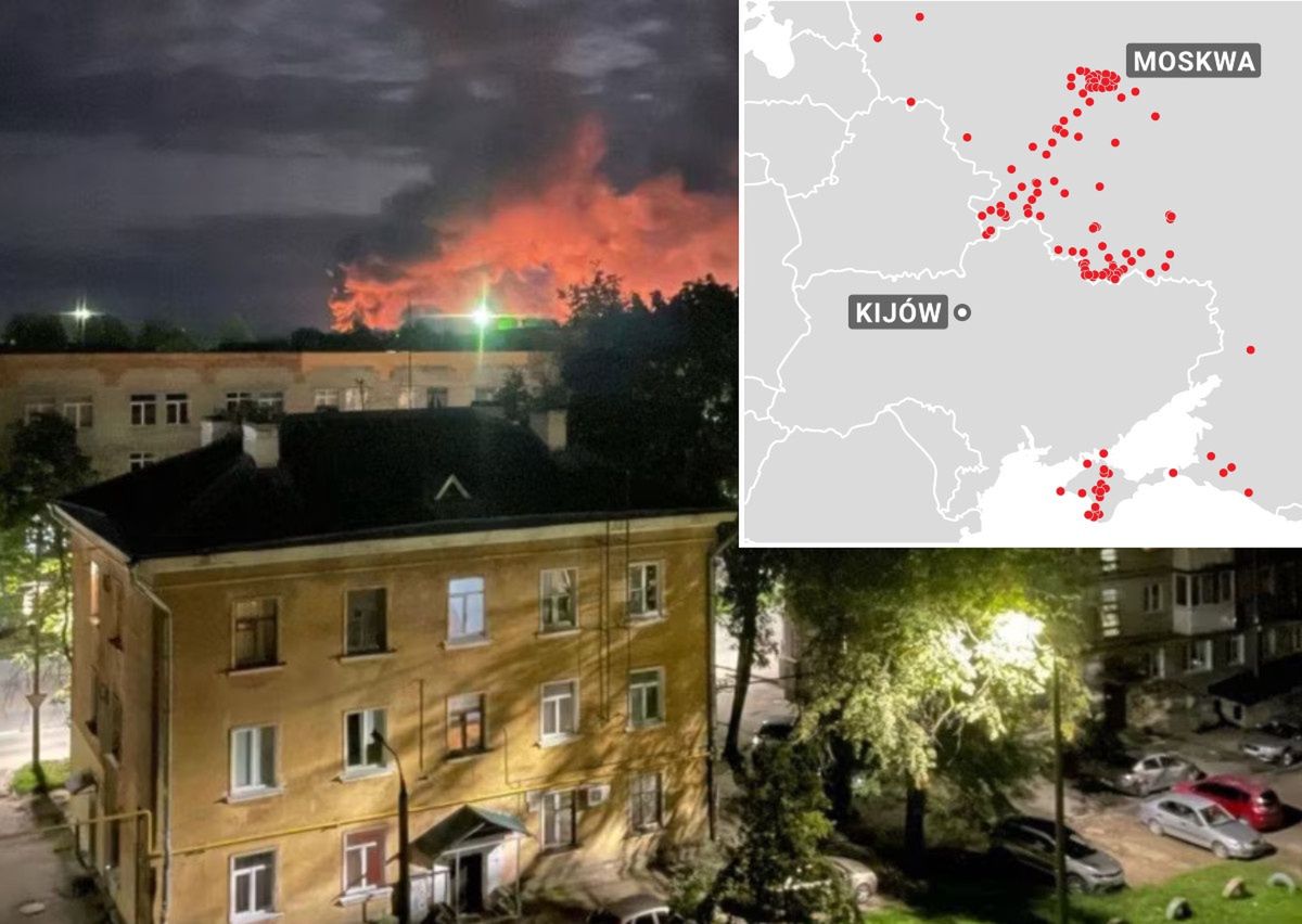 Ataki dronów w Rosji oraz na okupowanym Krymie. Na większym zdjęciu łuna pożaru na lotnisku wojskowym w Pskowie
