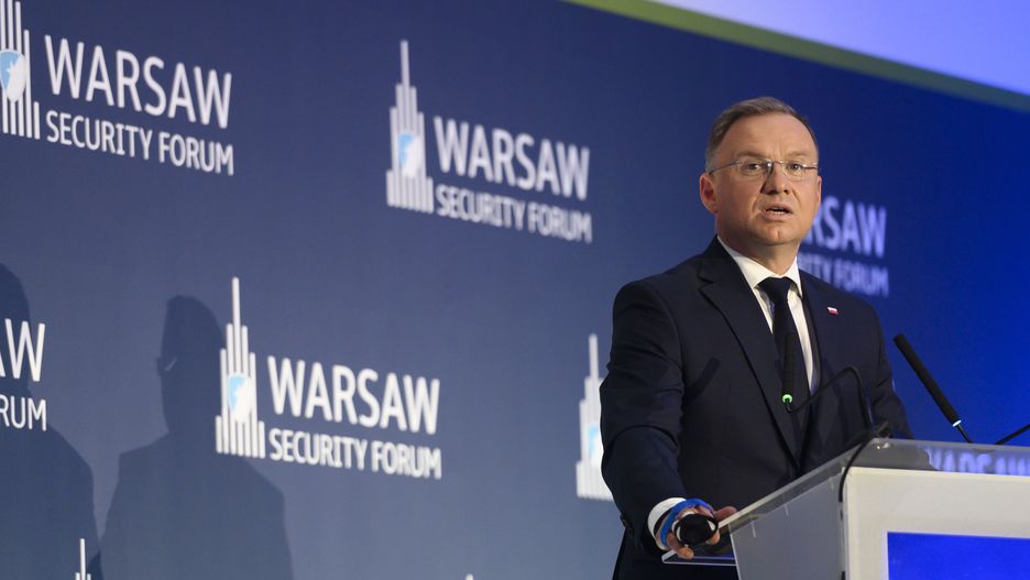 Poland's President Andrzej Duda speaks during the Warsaw Security Forum 2024 in Warsaw, Poland on October 1, 2024. WSF2024, entitled 'Ensuring Security, Responding to Challenges,' marks the 25th anniversary of Poland's accession to NATO. The forum will run until 02 October. (Photo by Aleksander Kalka/NurPhoto via Getty Images)