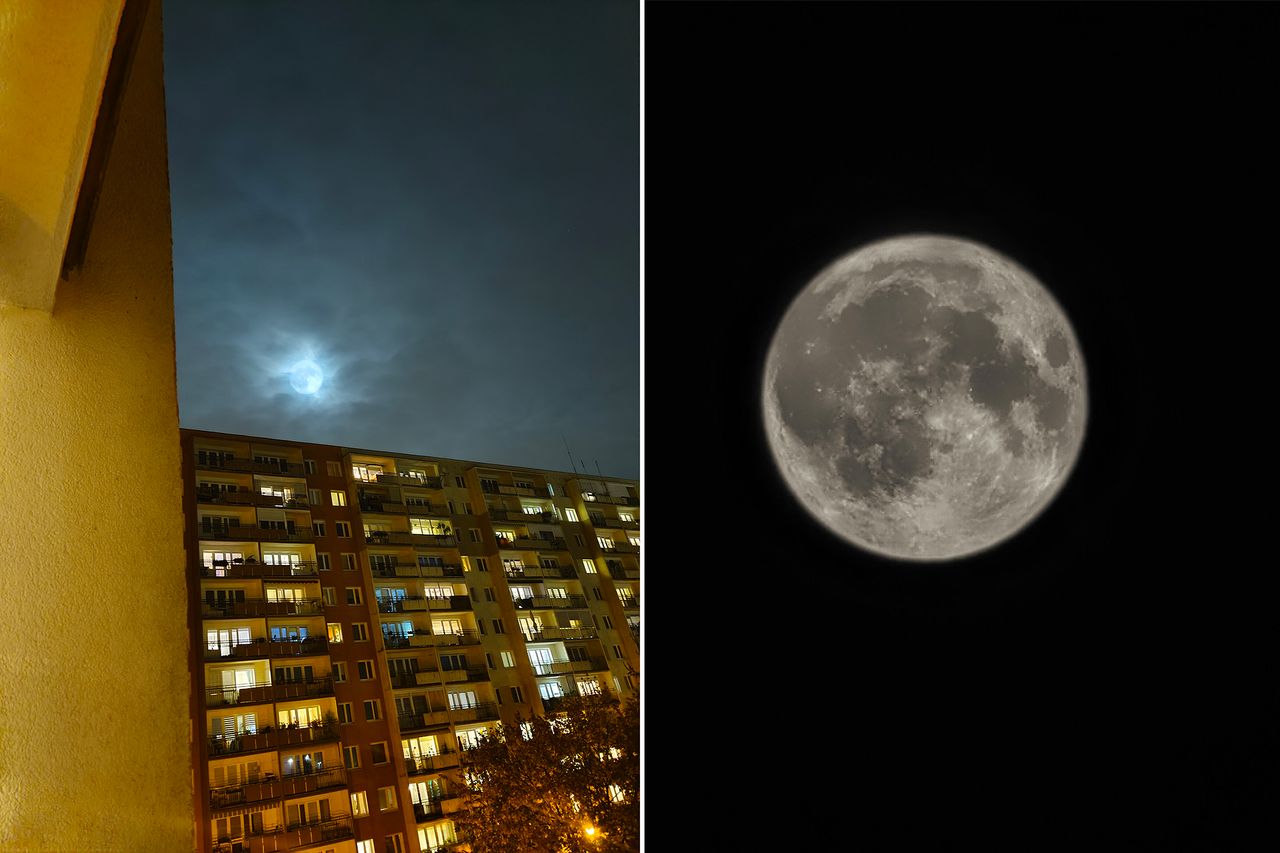 Po lewej zdjęcie w trybie nocnym. Po prawej zdjęcie w trybie "Superksiężyc", z 60-krotnym zoomem