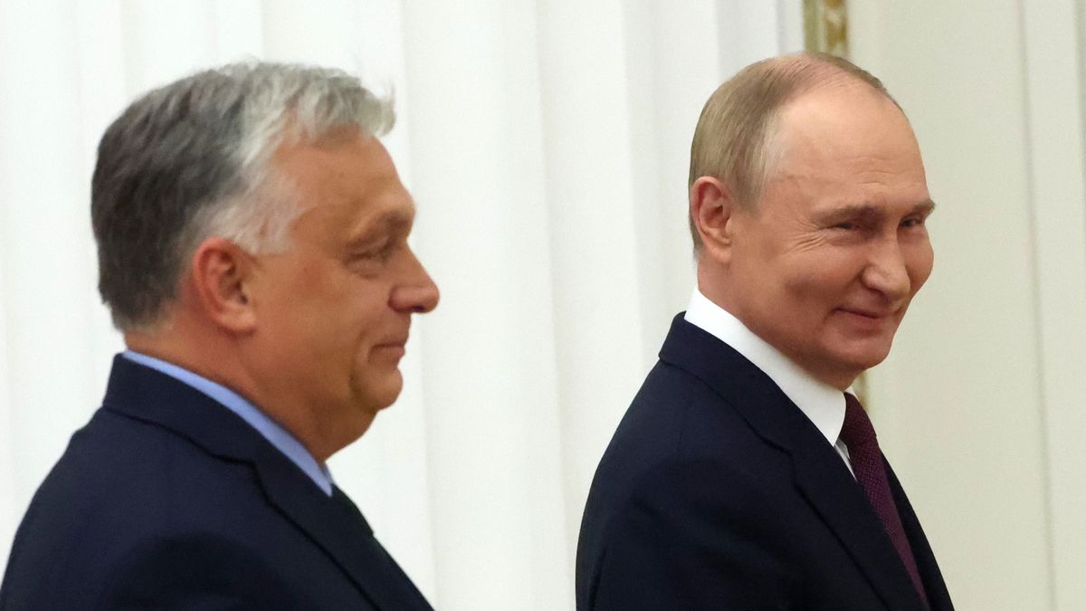 MOSCOW, RUSSIA - JULY 5:  (RUSSIA OUT) Russian President Vladimir Putin (R) and Hungarian Prime Minister Viktor Orban (L) smile while leaving their joint press conference at the Senat Palace of the Moscow's Kremlin on July 5, 2024 in Moscow, Russia. Hungarian Prime Minister Orban arrived to Moscow after his talks with Ukrainian President Volodymyr Zelensky in Kyiv. (Photo by Contributor/Getty Images)