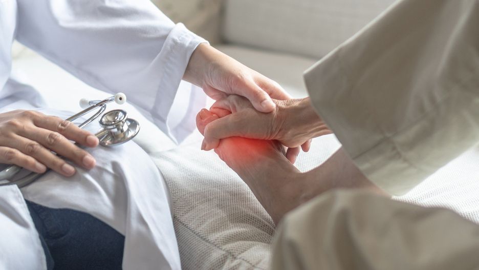 Peripheral Neuropathy pain in elderly patient on foot, hand, fingers, sensory nerves with numbness, muscle cramps, weakness from chronic inflammatory demyelinating polyneuropathy
