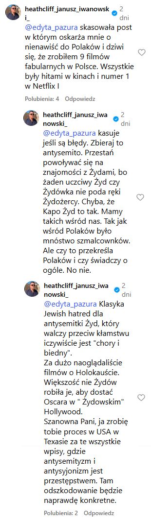 Komentarze reżysera pod adresem Edyty Pazury