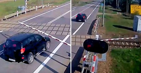 Staranował szlaban na przejeździe. Niebezpieczny moment nagrany