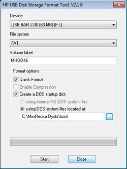 Prawidłowo ustawiony program HP USB Disk Storage Format Tool