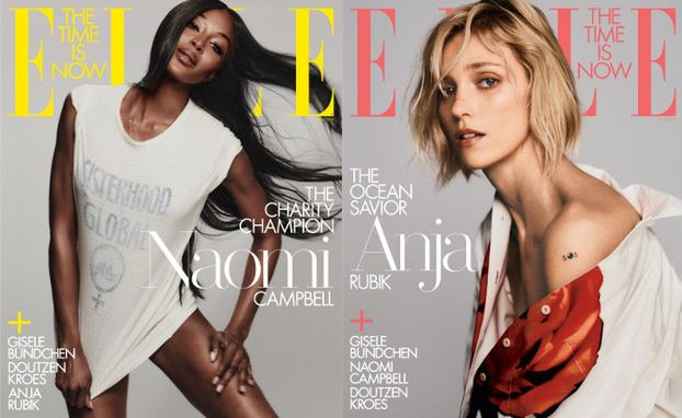 Naomi Campbell i smutna Anja Rubik pozdrawiają z okładek "Elle"