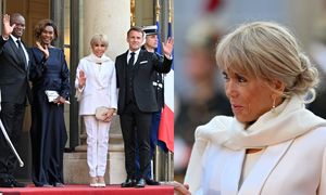 Brigitte Macron w eleganckim garniturze bryluje na powitaniu prezydenta Gabonu. Dobrała też gustowny szaliczek. Ikona stylu? (ZDJĘCIA)