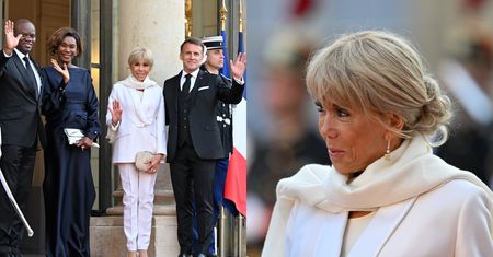 Brigitte Macron w eleganckim garniturze bryluje na powitaniu prezydenta Gabonu. Dobrała też gustowny szaliczek. Ikona stylu? (ZDJĘCIA)