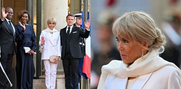 Brigitte Macron w eleganckim garniturze bryluje na powitaniu prezydenta Gabonu. Dobrała też gustowny szaliczek. Ikona stylu? (ZDJĘCIA)