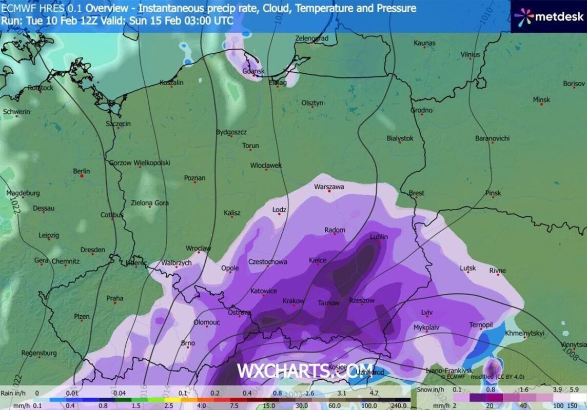 Prognozowane opady śniegu nad Polską w niedzielę, 15 lutego 2026 r.