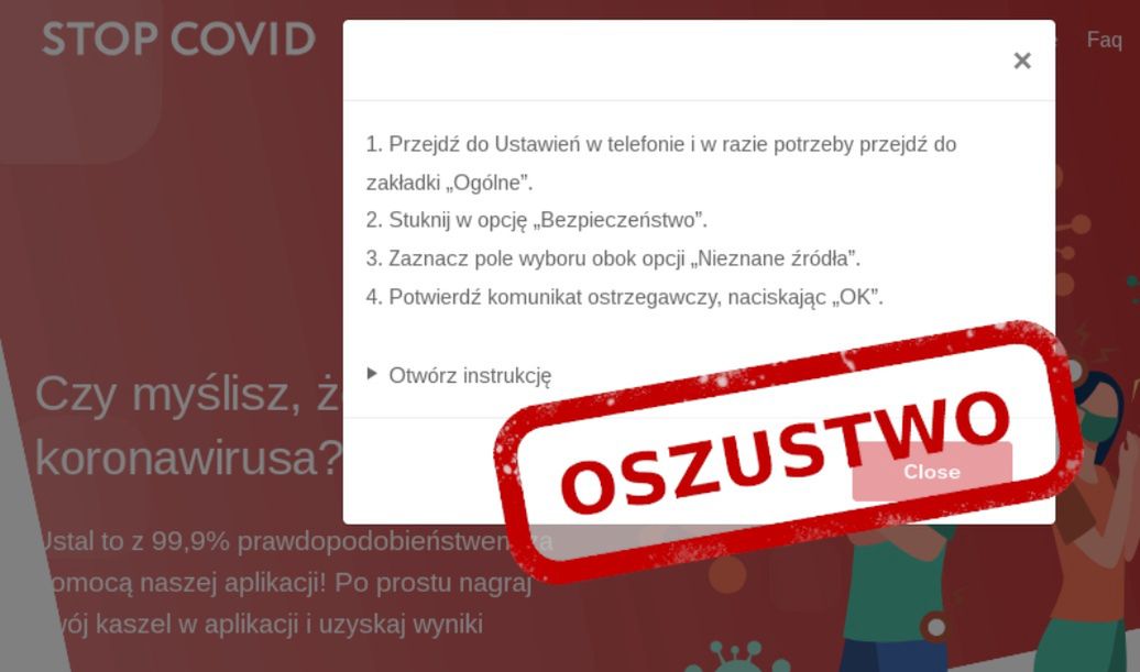 Aplikacja wykrywająca koronawirusa to oszustwo