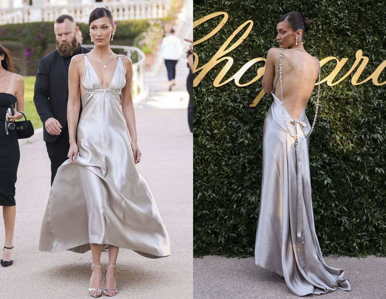 Bella Hadid in a satin outfit at the Chopard party