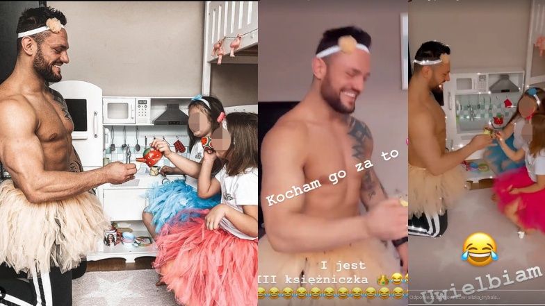 Oaweł Trybała w tiulowej spódniczce bawi się z córkami w księżniczki