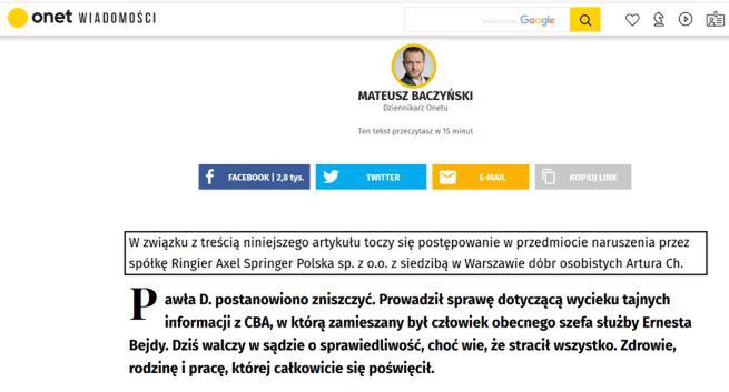 Onet wygrywa w pierwszej instancji z agentem CBA proces o naruszenie dóbr