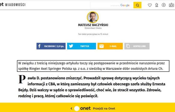 Onet wygrywa w pierwszej instancji z agentem CBA proces o naruszenie dóbr