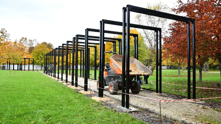 Pergole powstające nad alejkami w okolicach kompleksu #TężniaBusko.