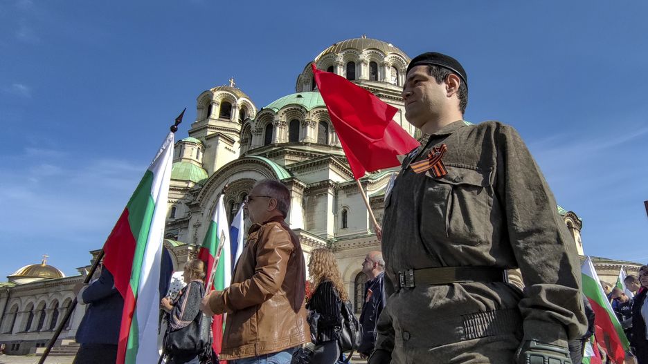 People march on the streets during Victory Day celebrations in Sofia, Bulgaria, 09 May 2022. Bulgaria was an ally of Nazi Germany until 1944 but joined the anti-Nazi coalition following the arrival of the Soviet army. Victory Day marks the victory of the Soviet Union over Nazi Germany in World War II. (Photo by Georgi Paleykov/NurPhoto via Getty Images)