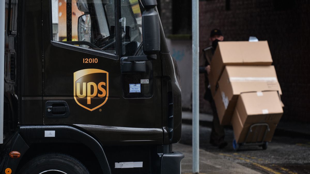 A UPS delivery track seen in Dublin city center during the COVID-19 lockdown. On Monday, 12 April 2021, in Dublin, Ireland. (Photo by Artur Widak/NurPhoto via Getty Images)