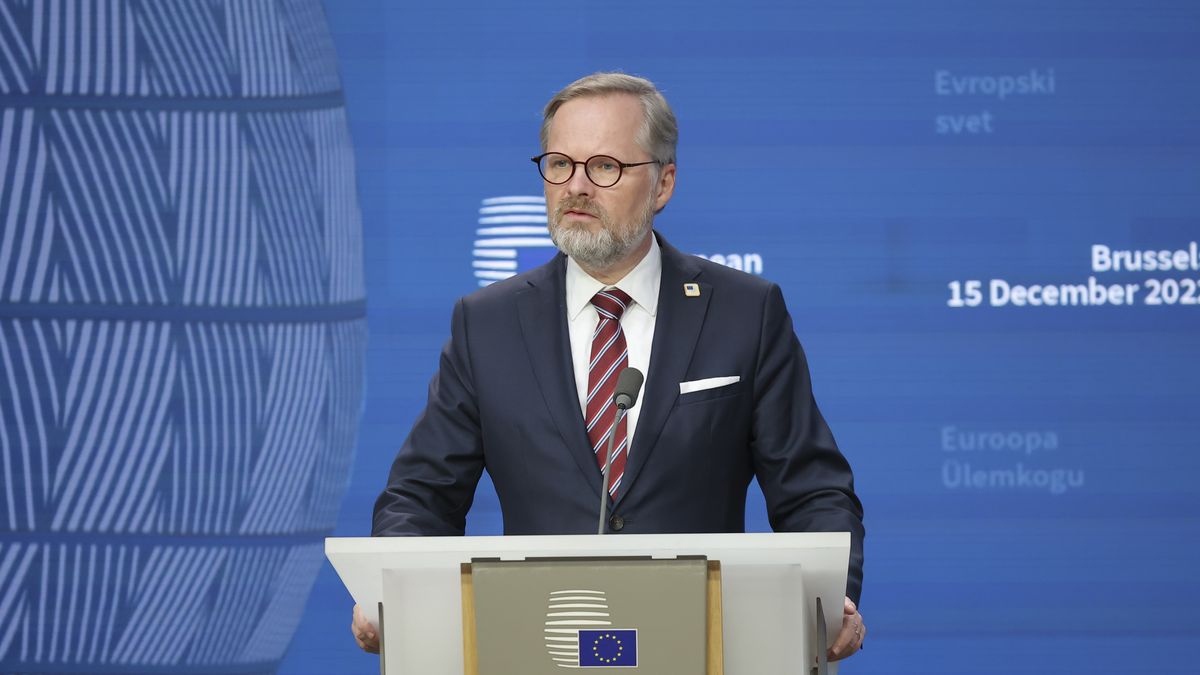 Prime Minister of the Czech Republic Petr Fiala talks at a joint press conference with President of the European Commission Ursula von der Leyen and President of the European Council Charles Michel after the European Council summit as the Czech Republic had the presidency of the Council of the European Union. The Czech PM talks to the media and answer questions of journalists. The EUCO, EU leaders summit focused to the energy crisis and assisting Ukraine as the Russia Ukraine conflict continues. European Council in Brussels in Belgium on 15 December 2022  (Photo by Nicolas Economou/NurPhoto via Getty Images)
