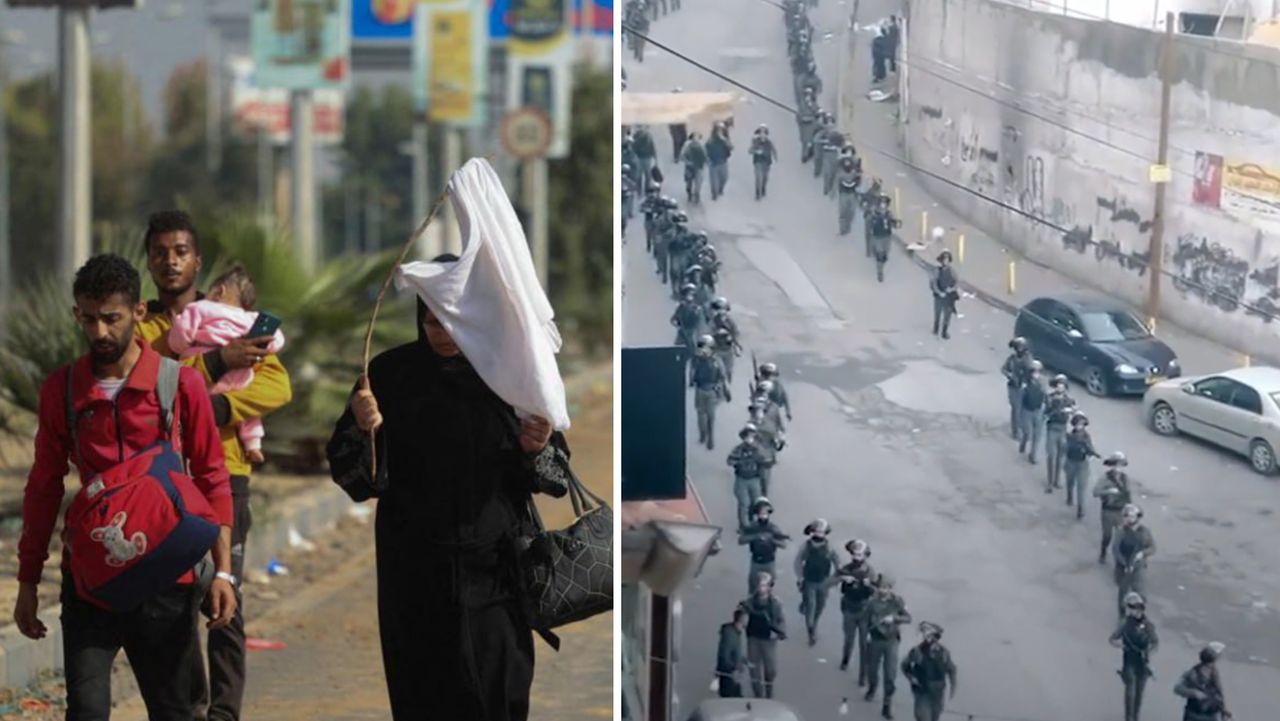 On the left: Palestinians fleeing south of the Gaza Strip. On the right: Israeli security forces in the West Bank.