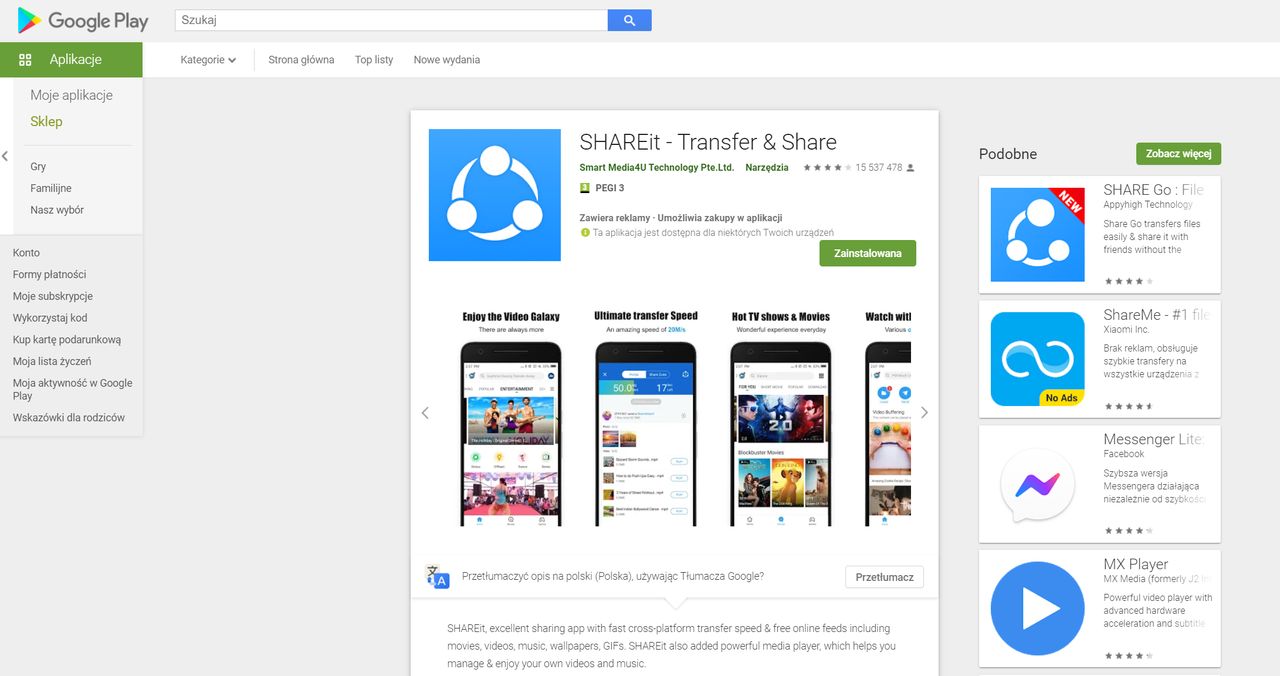 Aplikacja SHAREit jest bez problemu dostępna w Sklepie Play, fot. Oskar Ziomek.