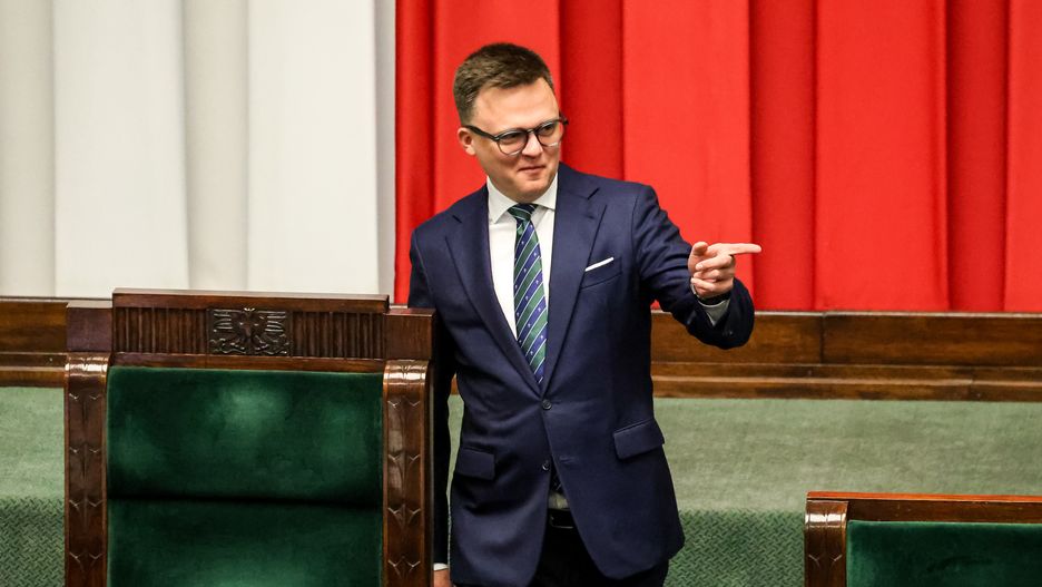 WARSAW, POLAND - 2024/04/24: Szymon Holownia, the Speaker of Polish Parliament arrives to hold the 10th session of Polish Parliament in the Parliament building on Wiejska Street. The parliament discusses controversial issues of the rule of law. (Photo by Dominika Zarzycka/SOPA Images/LightRocket via Getty Images)