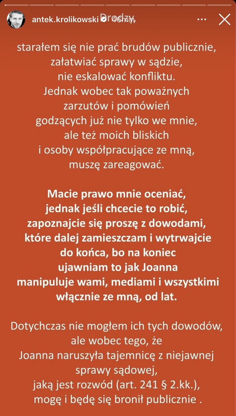 Antek Królikowski odpowiada na zarzuty Joanny Opozdy