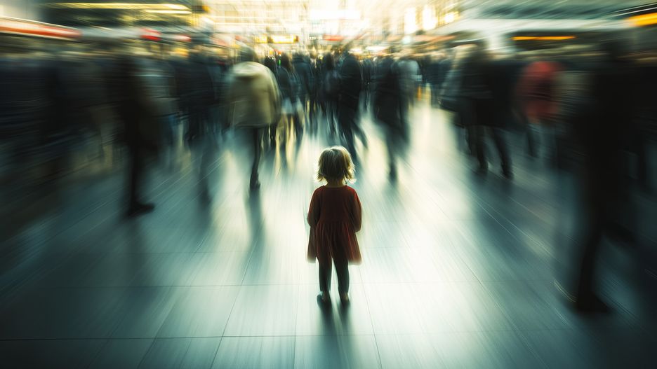 Dziecko, samo, tłum, dziewczynka, kilkulatka, zatłoczone miejsce