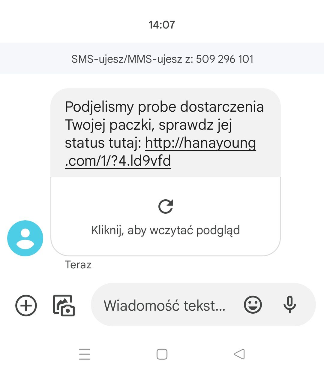 Fałszywy SMS o zamówieniu lub paczce