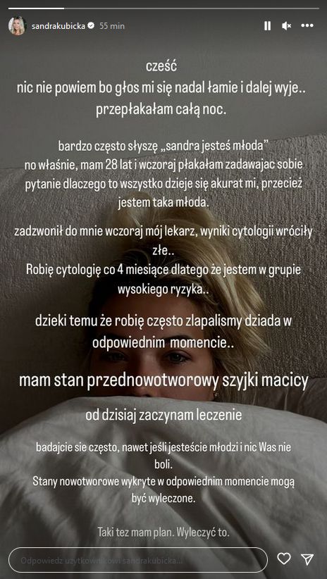 Sandra Kubicka ujawnia, że wykryto u niej stan przednowotworowy szyjki macicy