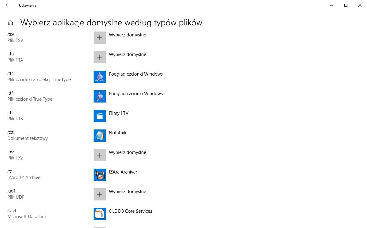 Ustawienia aplikacji domyślnych według typów plików w Windowsie 10.