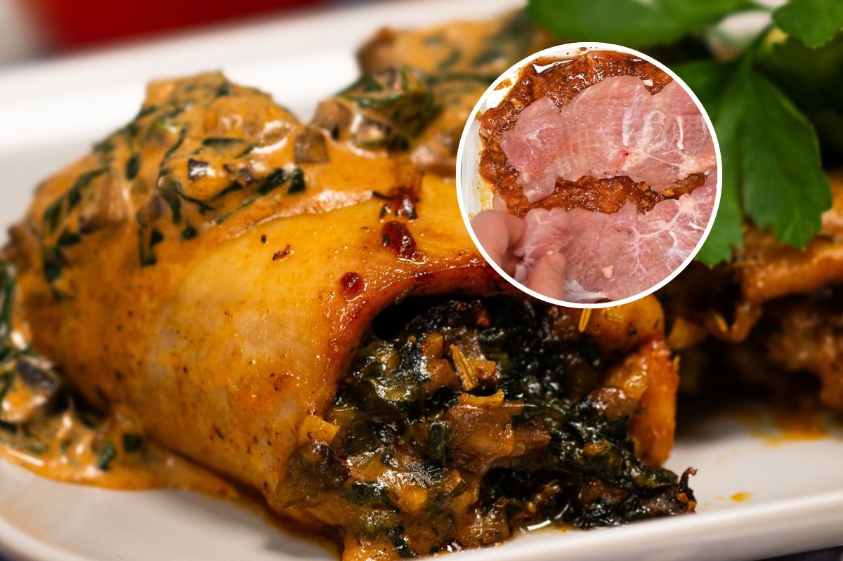 Kurczak podany po królewsku. Udka wypełnione po brzegi ciekawym farszem polane kremowym sosem