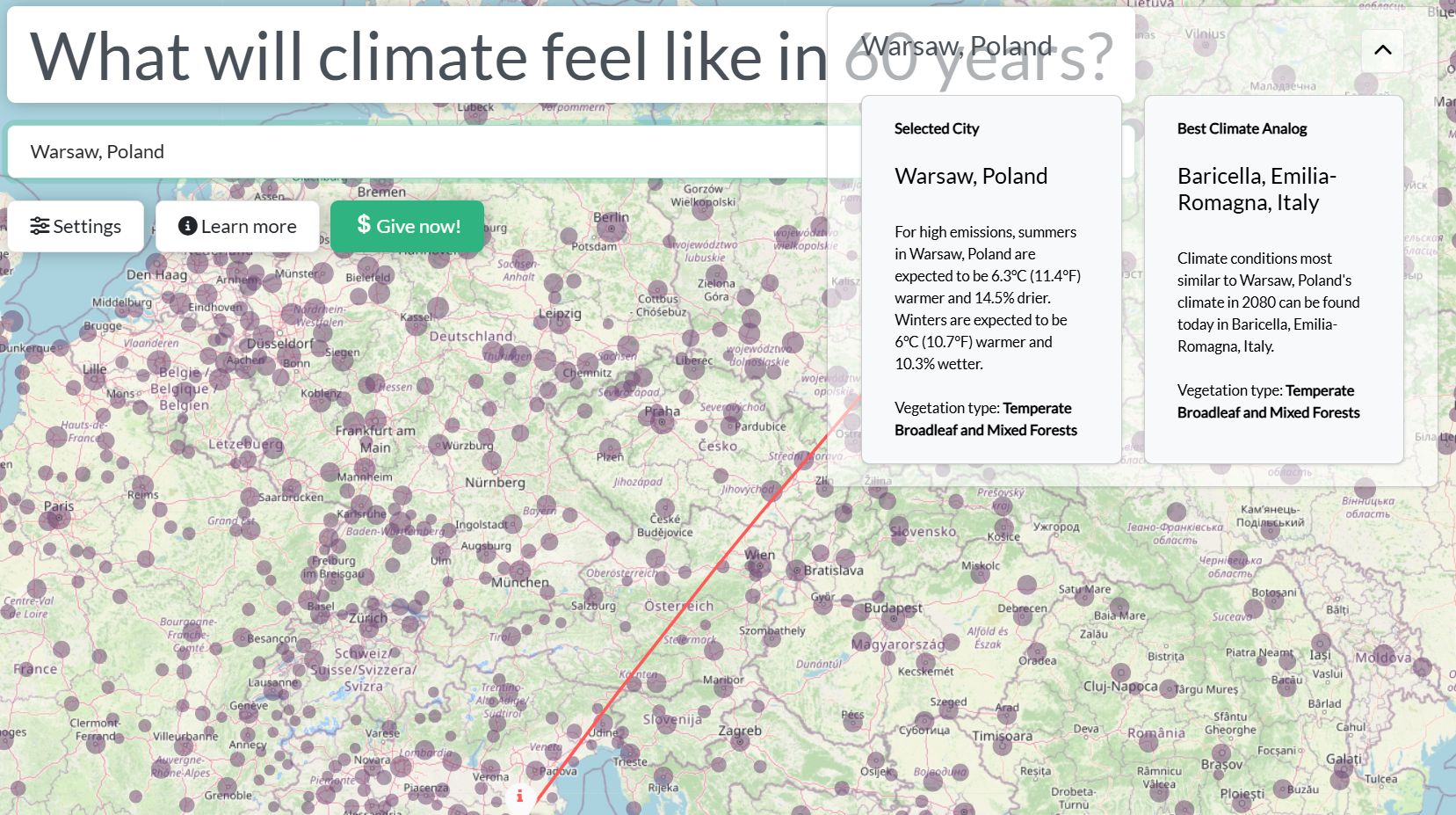 Mapa z prognozą zmian klimatycznych