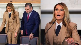 Melania Trump zadała szyku w brązowym garniturze, przemawiając pierwszy raz od zaprzysiężenia męża