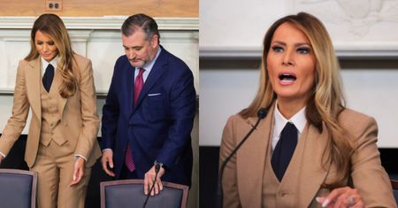Melania Trump zadała szyku w brązowym garniturze, przemawiając pierwszy raz od zaprzysiężenia męża