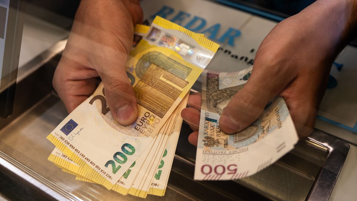 Euro and Polish zloty banknotes being cunted at a foreign currency exchange bureau in Warsaw, Poland, on Wednesday, May 7, 2025. Poland's central bank cut interest rates for the first time since October 2023 as eastern Europe's biggest economy prepares to elect a new president in a little over a week's time. Photographer: Damian Lemanski/Bloomberg via Getty Images