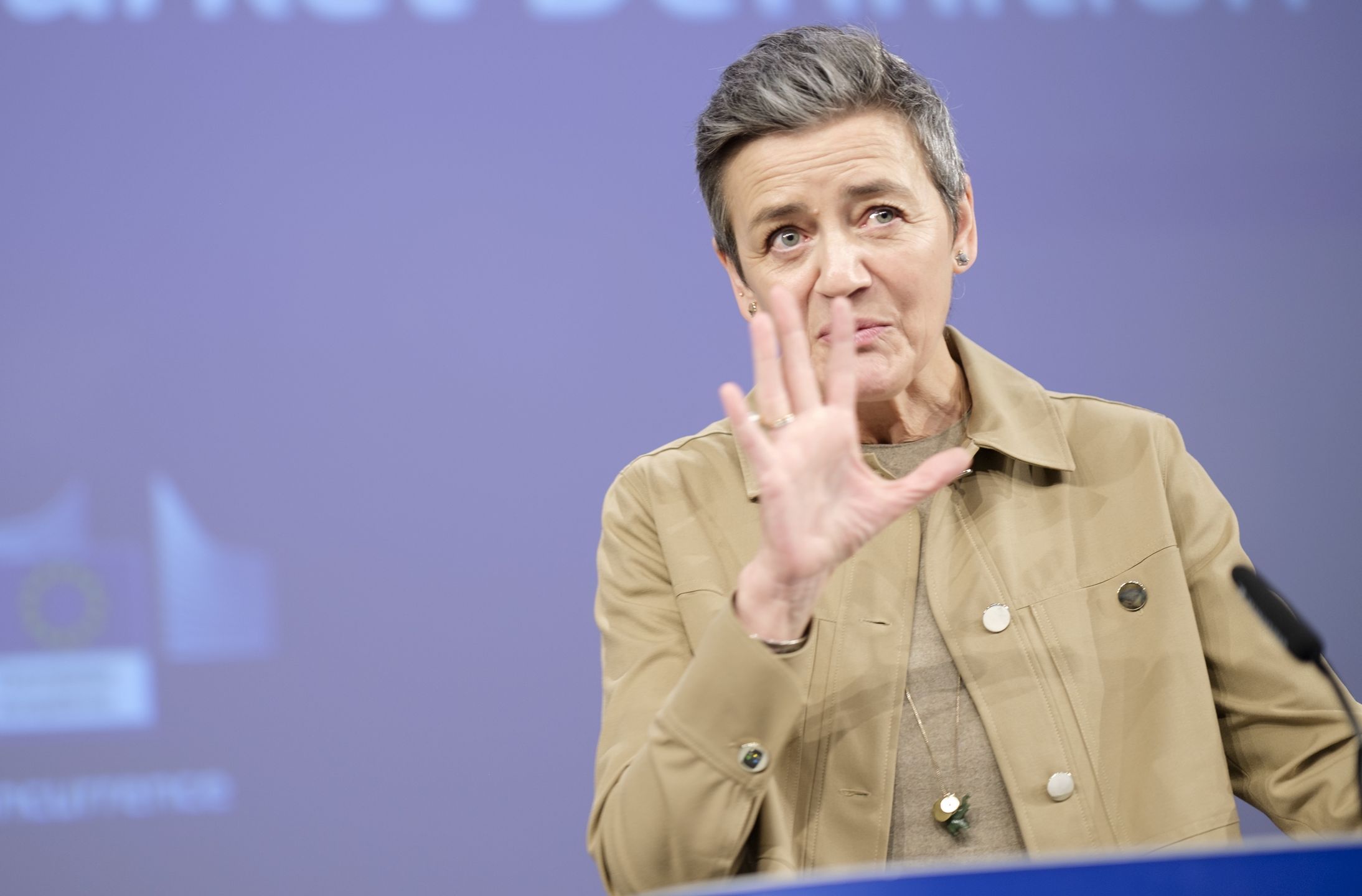 BRUSSELS, BELGIUM - FEBRUARY 8:  Executive Vice President of the European Commission for A Europe Fit for the Digital Age and European Commissioner for Competition Margrethe Vestager is talking to media in the Berlaymont, the EU Commission headquarter on February 8, 2024 in Brussels, Belgium. Today, the executive branch of the European Union adopted an update of its guidelines for defining markets, which it uses to delimit competition between companies when assessing mergers or possible monopoly cases, in order to adapt it to the new economic reality. (Photo by Thierry Monasse/Getty Images)